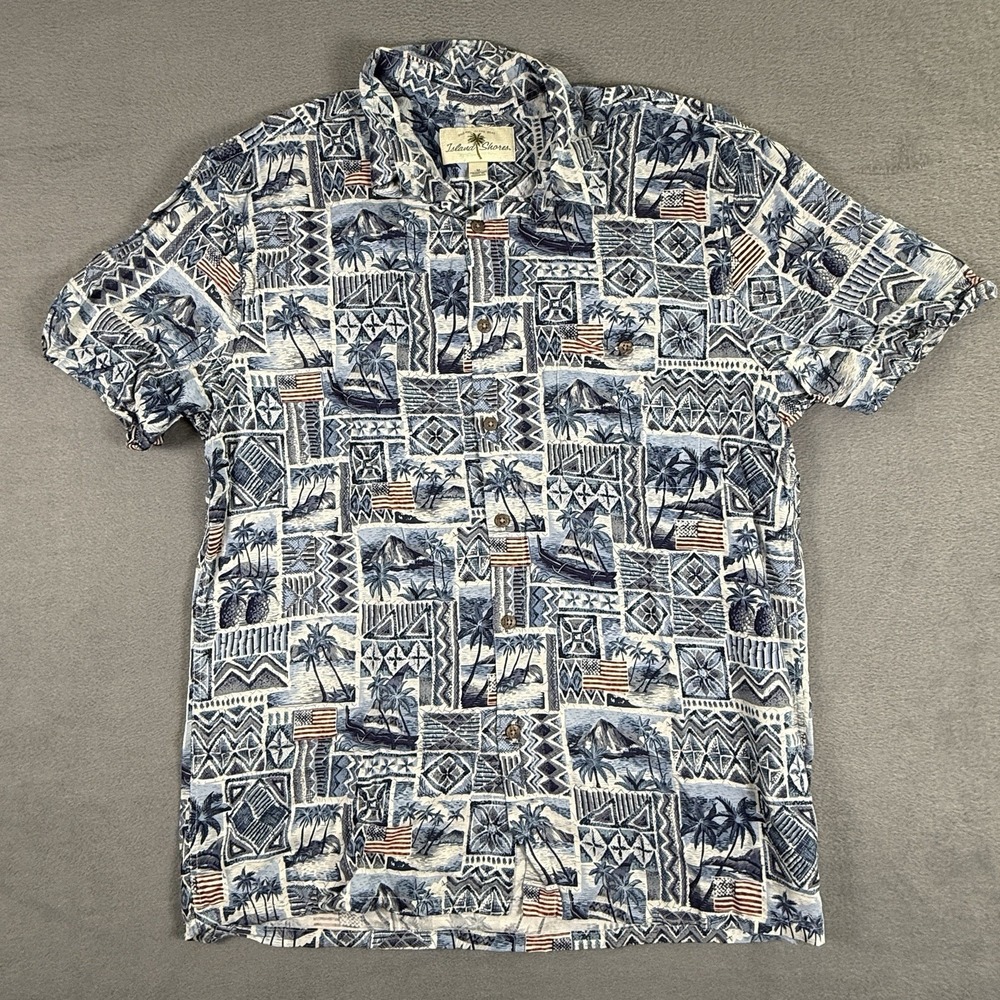 Island Shores Shirt Mens Medium Blue Patriot Hawaiian US Flag Rayon Resortwear